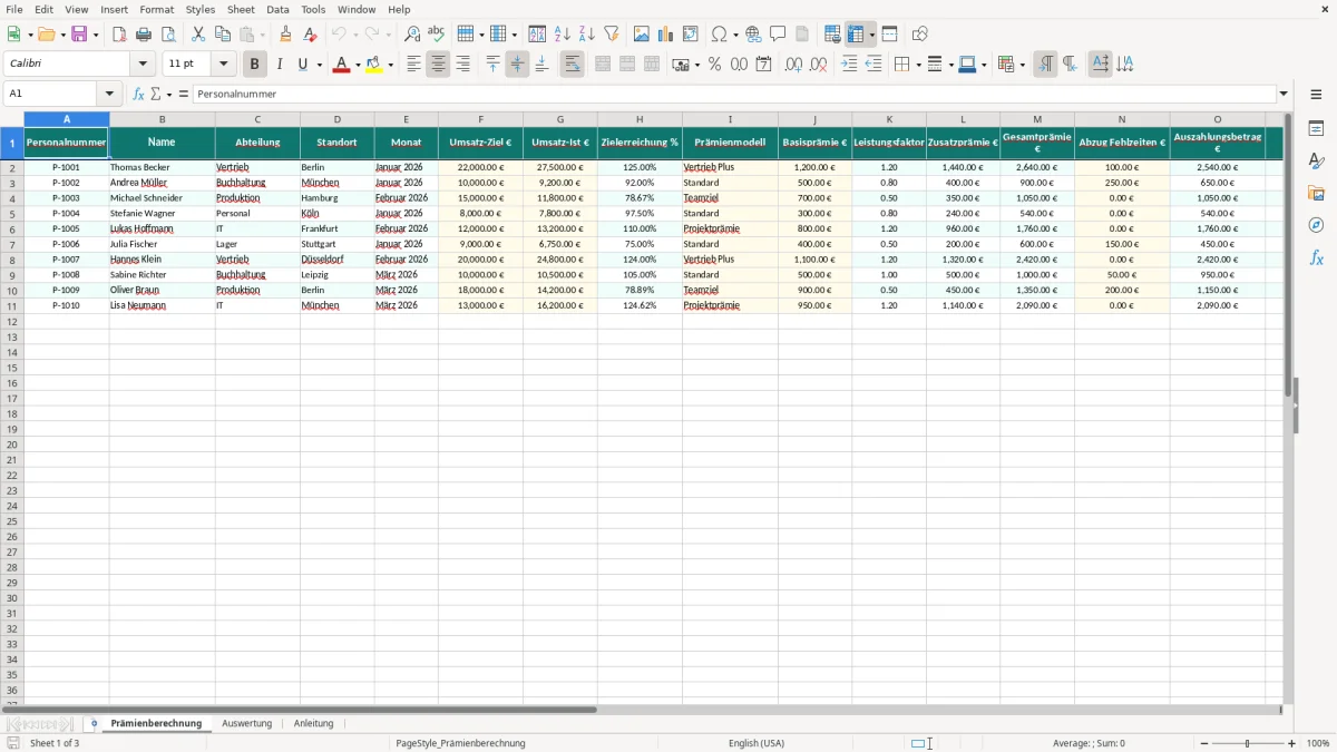 Captura de tela 1: Aba Prämienberechnung - Planilha Excel prämienberechnung excel vorlage