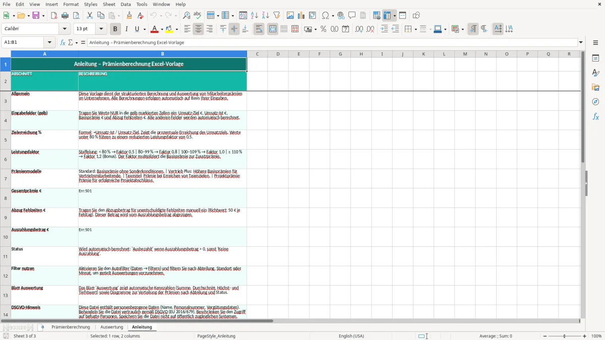 Captura de tela 3: Aba Anleitung - Planilha Excel prämienberechnung excel vorlage