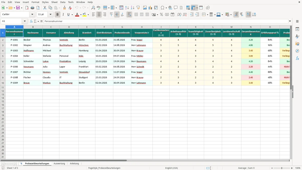 Captura de tela 1: Aba Probezeitbeurteilungen - Planilha Excel probezeitbeurteilung excel vorlage