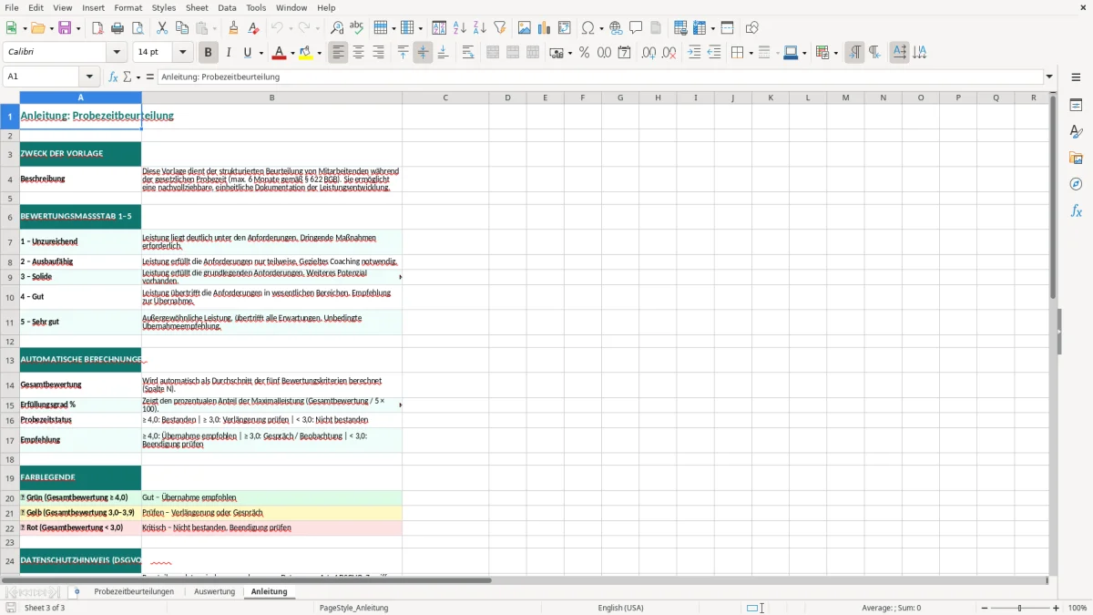 Captura de tela 3: Aba Anleitung - Planilha Excel probezeitbeurteilung excel vorlage