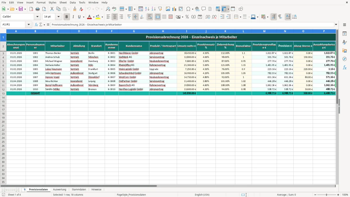 Captura de tela 1: Aba Provisionsdaten - Planilha Excel provisionsabrechnung excel vorlage