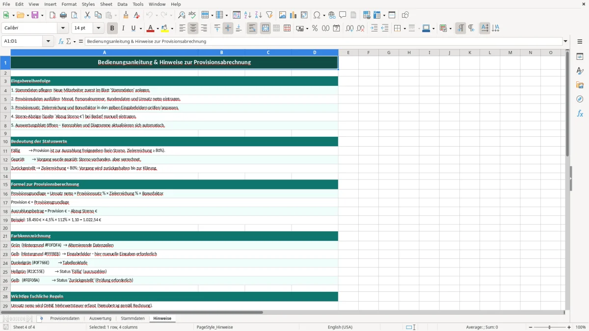 Captura de tela 4: Aba Hinweise - Planilha Excel provisionsabrechnung excel vorlage