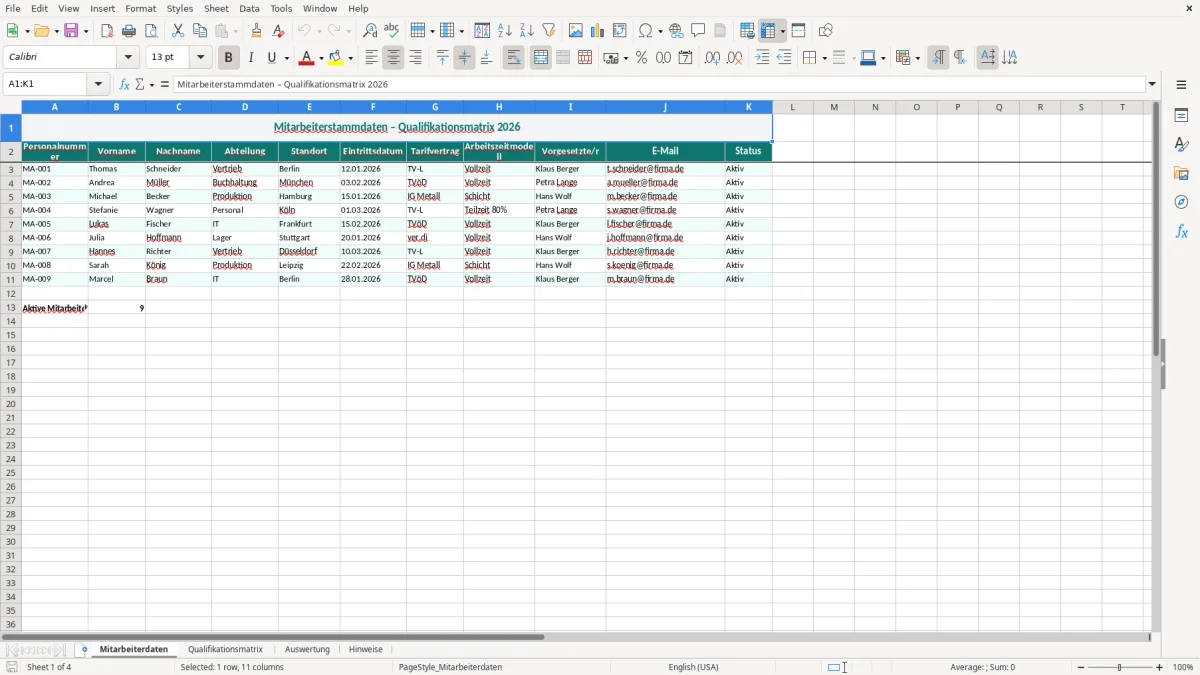 Captura de tela 1: Aba Mitarbeiterdaten - Planilha Excel qualifikationsmatrix excel vorlage
