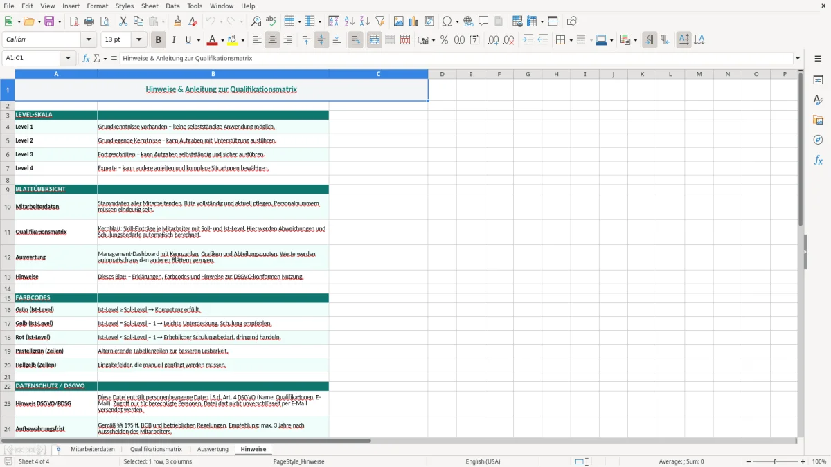 Captura de tela 4: Aba Hinweise - Planilha Excel qualifikationsmatrix excel vorlage