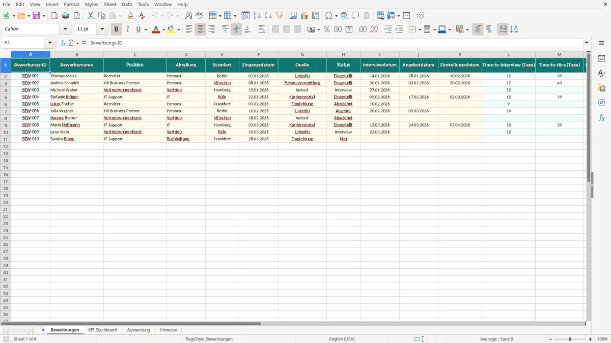 Captura de tela 1: Aba Bewerbungen - Planilha Excel recruiting kpi excel vorlage