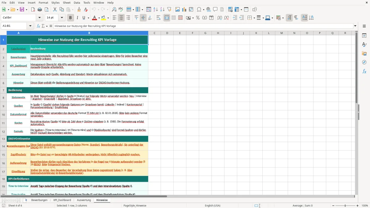 Captura de tela 4: Aba Hinweise - Planilha Excel recruiting kpi excel vorlage