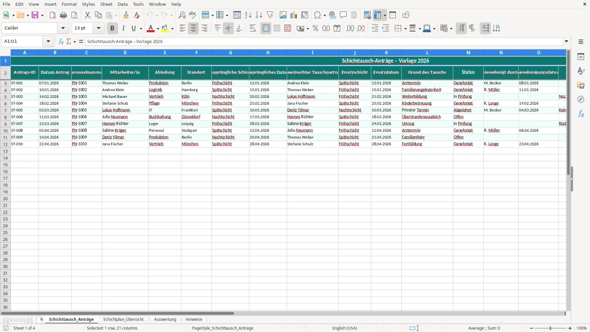 Captura de tela 1: Aba Schichttausch_Anträge - Planilha Excel schichttausch excel vorlage