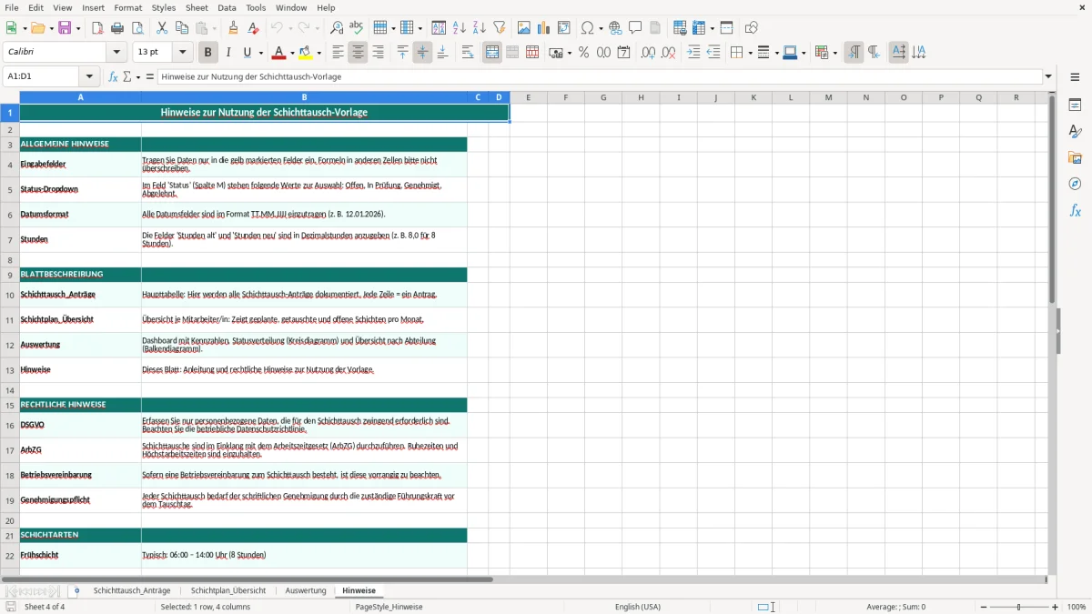 Captura de tela 4: Aba Hinweise - Planilha Excel schichttausch excel vorlage