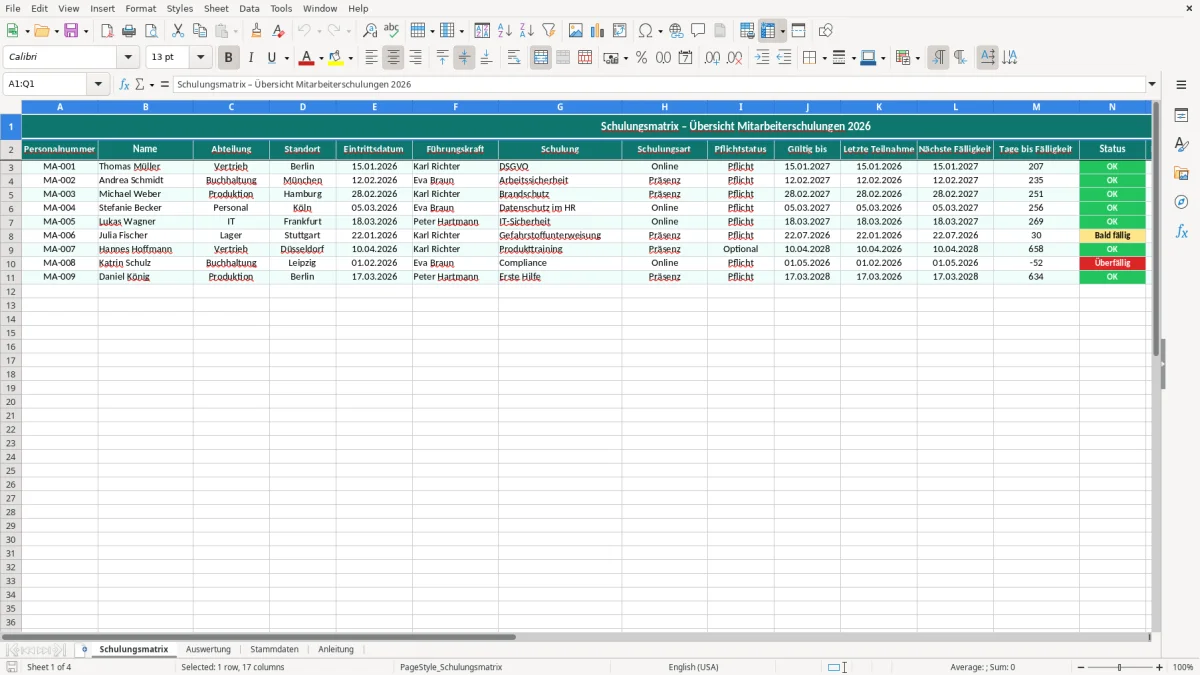 Captura de tela 1: Aba Schulungsmatrix - Planilha Excel schulungsmatrix excel vorlage