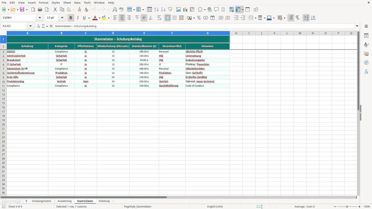 Captura de tela 3: Aba Stammdaten - Planilha Excel schulungsmatrix excel vorlage