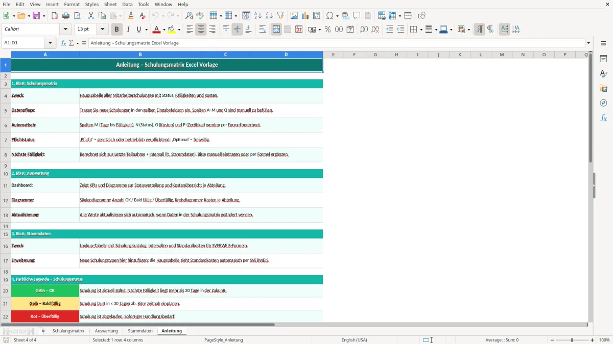 Captura de tela 4: Aba Anleitung - Planilha Excel schulungsmatrix excel vorlage