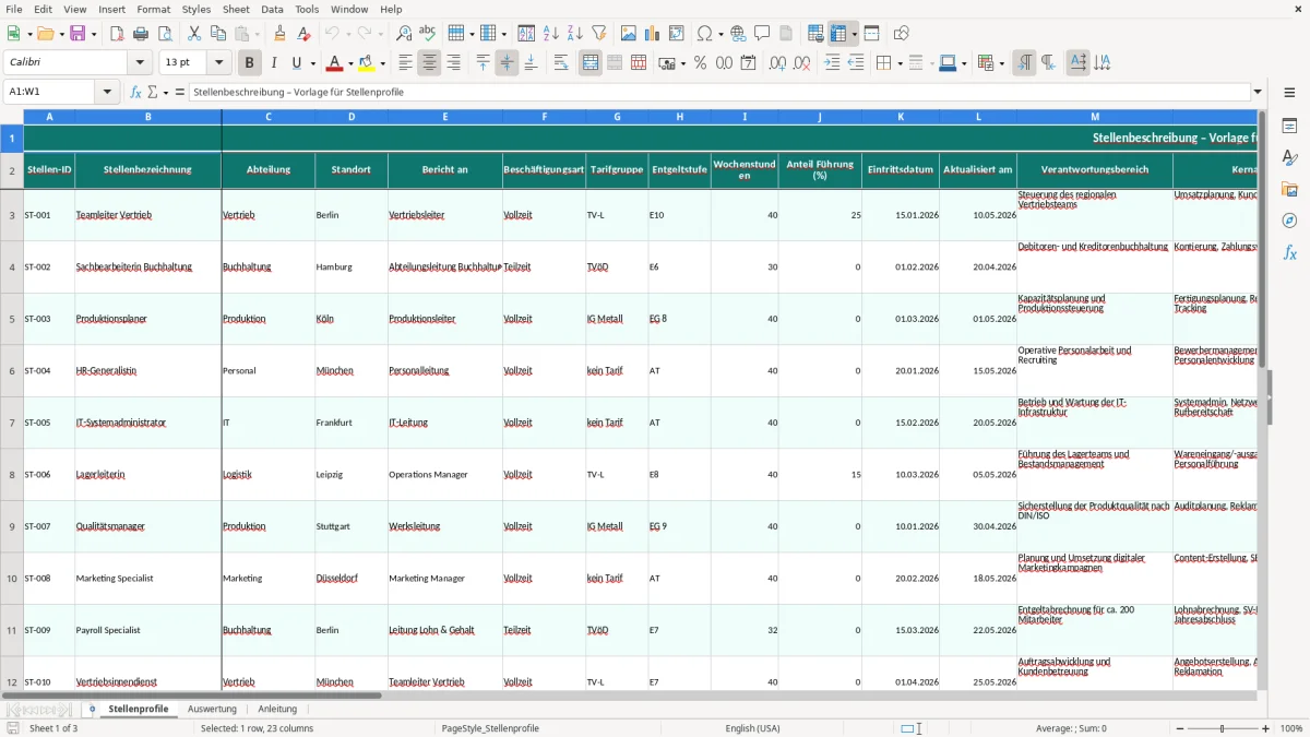 Captura de tela 1: Aba Stellenprofile - Planilha Excel stellenbeschreibung excel vorlage