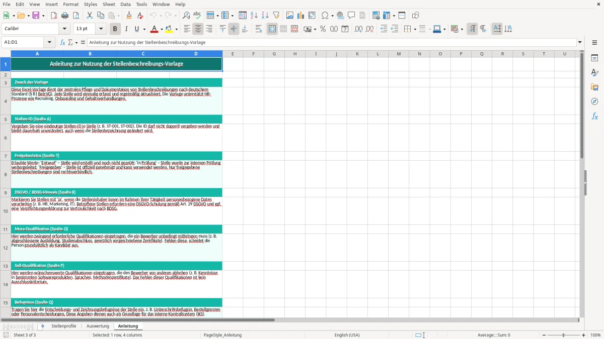 Captura de tela 3: Aba Anleitung - Planilha Excel stellenbeschreibung excel vorlage