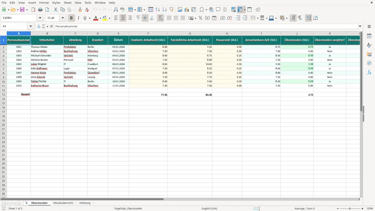 Captura de tela 1: Aba Überstunden - Planilha Excel überstundenrechner excel vorlage