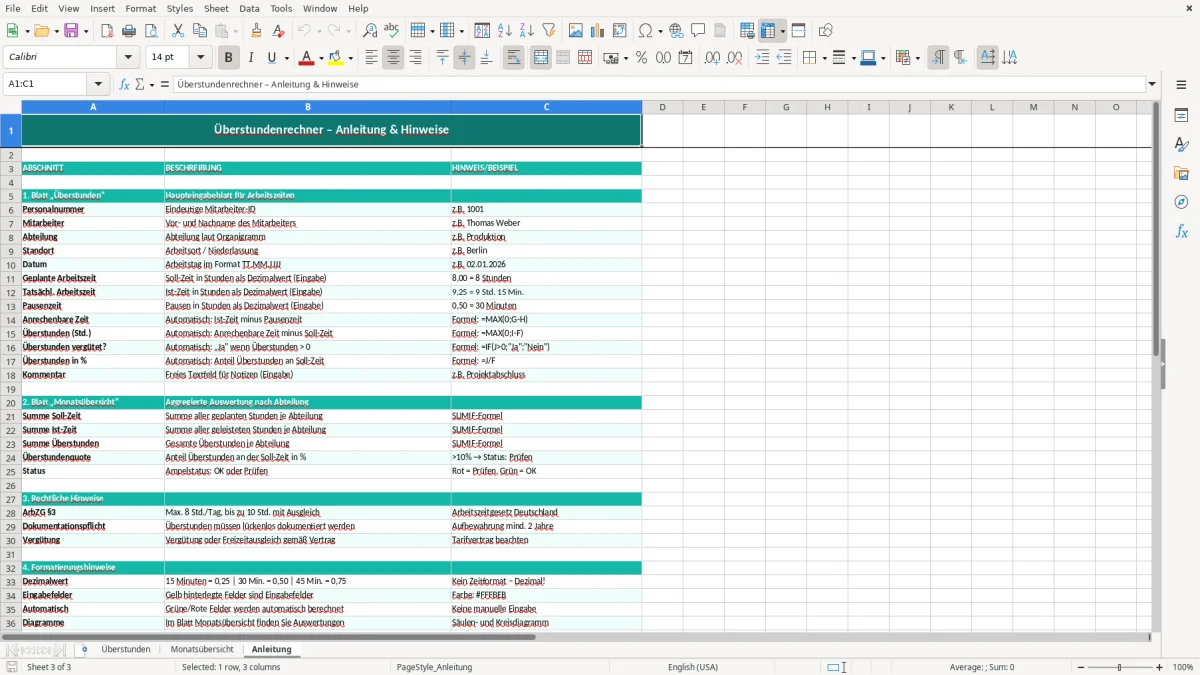 Captura de tela 3: Aba Anleitung - Planilha Excel überstundenrechner excel vorlage