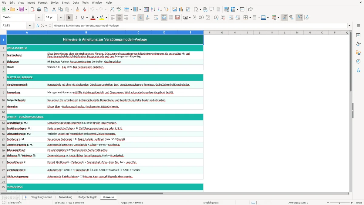 Captura de tela 4: Aba Hinweise - Planilha Excel vergütungsmodell excel vorlage