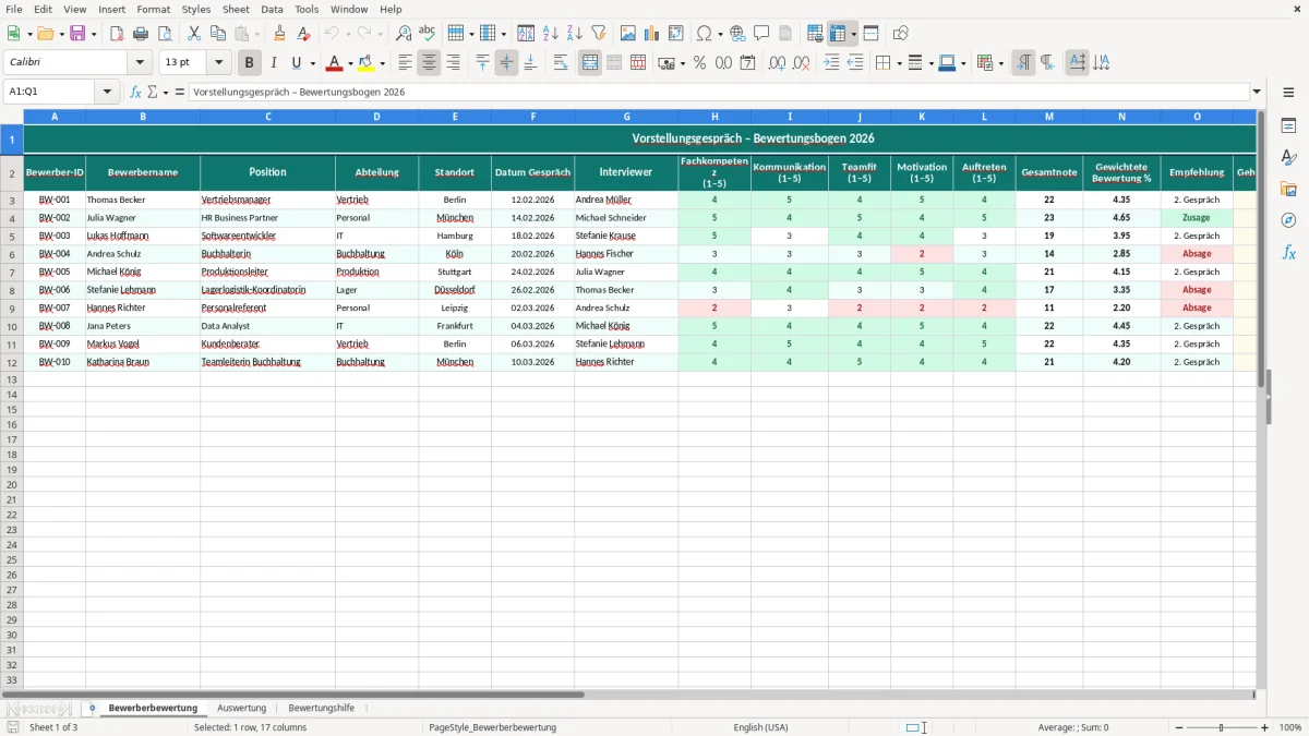 Captura de tela 1: Aba Bewerberbewertung - Planilha Excel vorstellungsgespräch bewertungsbogen excel vorlage