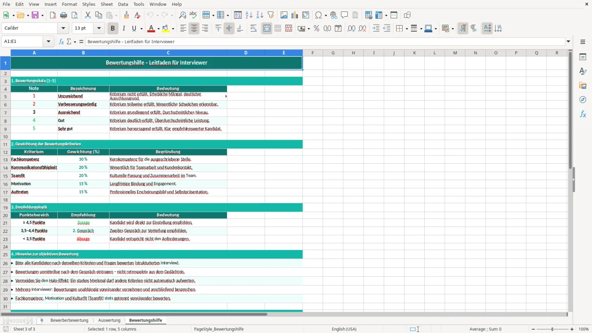 Captura de tela 3: Aba Bewertungshilfe - Planilha Excel vorstellungsgespräch bewertungsbogen excel vorlage
