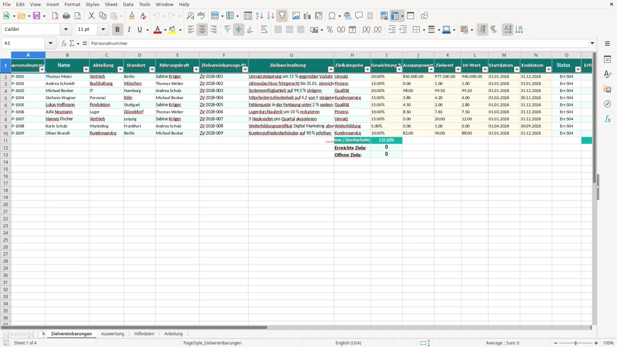 Captura de tela 1: Aba Zielvereinbarungen - Planilha Excel zielvereinbarung excel vorlage
