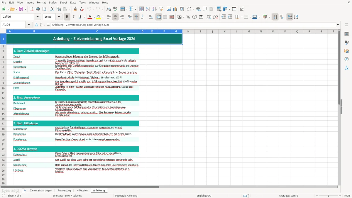Captura de tela 4: Aba Anleitung - Planilha Excel zielvereinbarung excel vorlage