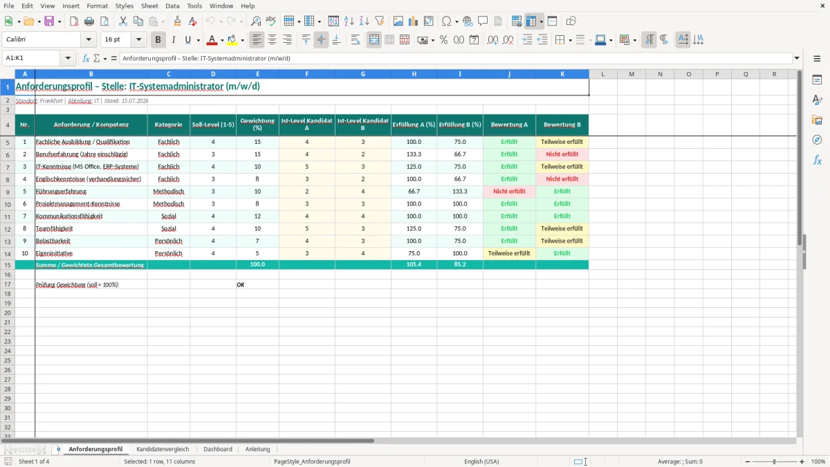 Captura de tela 1: Aba Anforderungsprofil - Planilha Excel anforderungsprofil excel vorlage