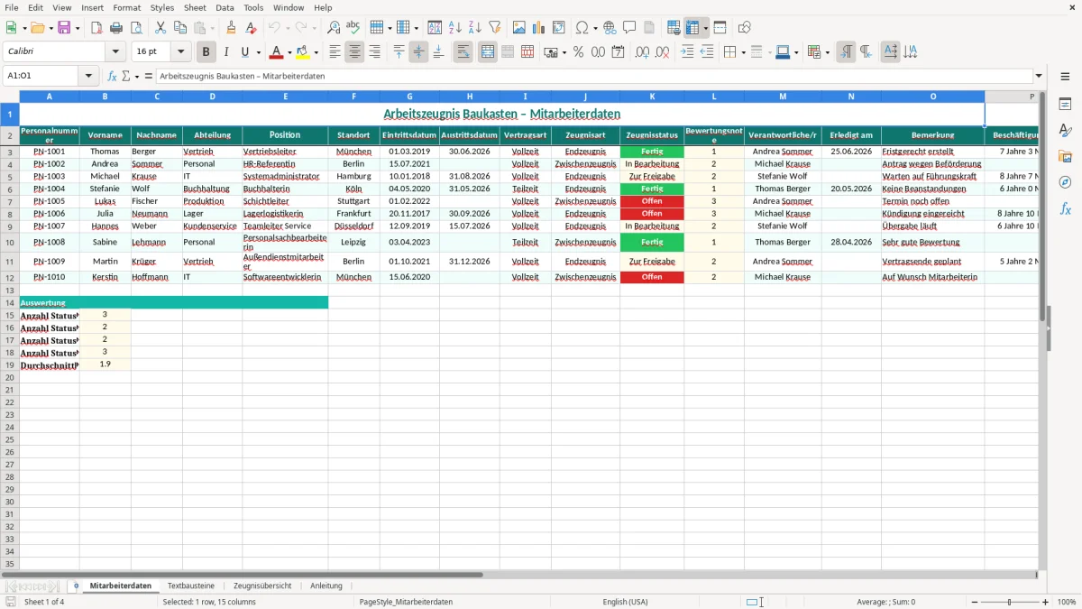Captura de tela 1: Aba Mitarbeiterdaten - Planilha Excel arbeitszeugnis baukasten excel vorlage