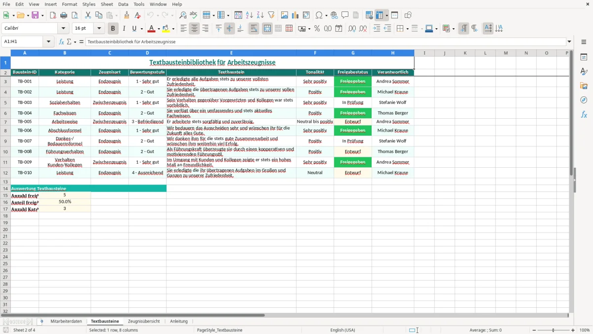 Captura de tela 2: Aba Textbausteine - Planilha Excel arbeitszeugnis baukasten excel vorlage