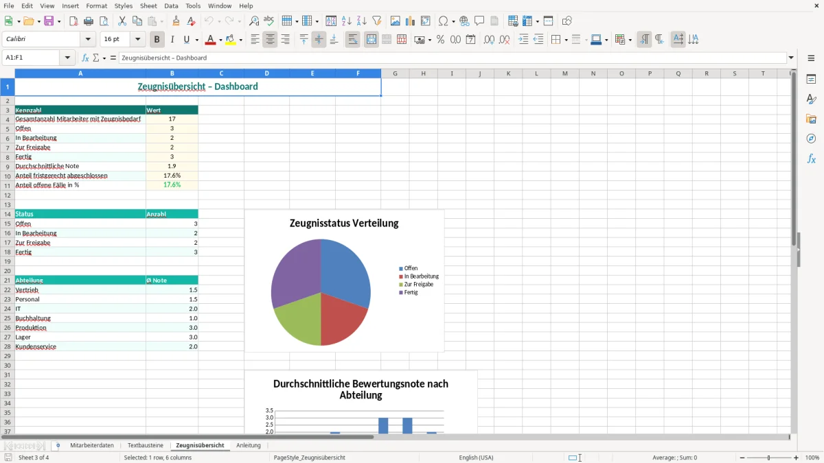 Captura de tela 3: Aba Zeugnisübersicht - Planilha Excel arbeitszeugnis baukasten excel vorlage