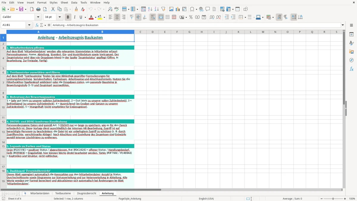 Captura de tela 4: Aba Anleitung - Planilha Excel arbeitszeugnis baukasten excel vorlage