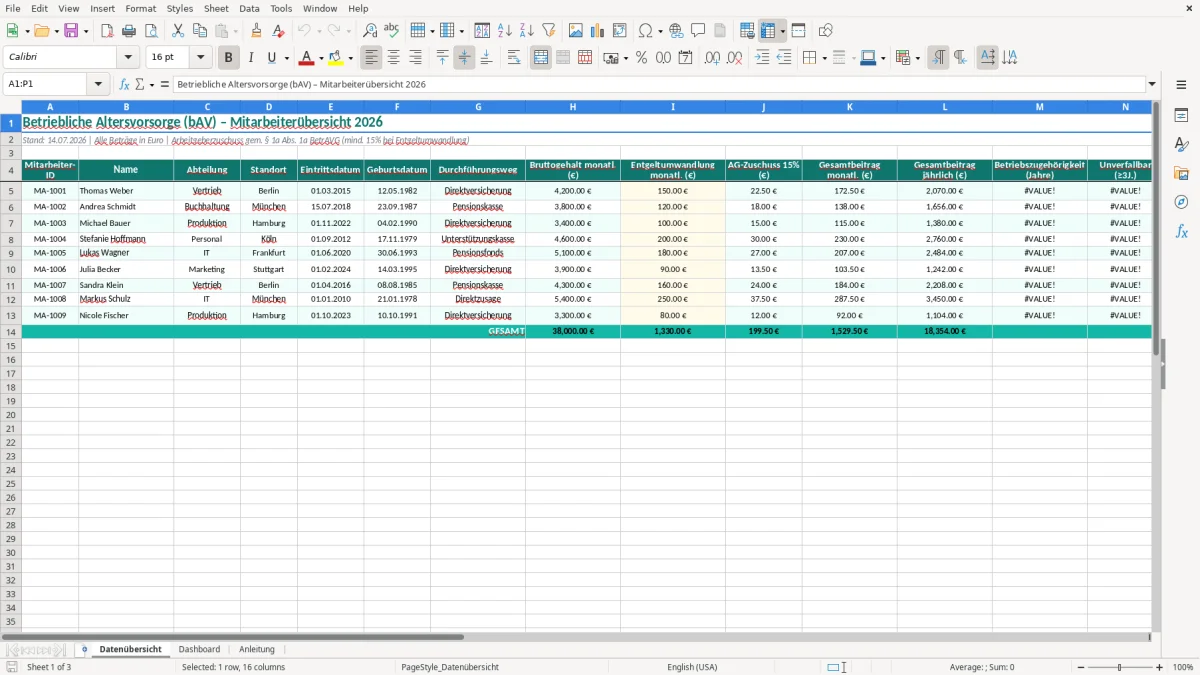 Captura de tela 1: Aba Datenübersicht - Planilha Excel betriebliche altersvorsorge übersicht excel vorlage