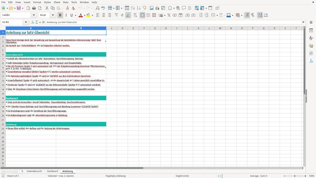 Captura de tela 3: Aba Anleitung - Planilha Excel betriebliche altersvorsorge übersicht excel vorlage
