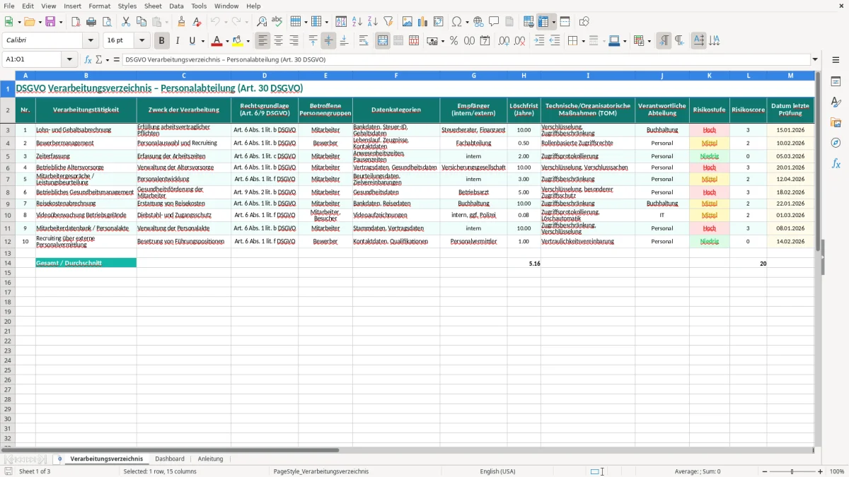 Captura de tela 1: Aba Verarbeitungsverzeichnis - Planilha Excel dsgvo verarbeitungsverzeichnis personal excel vorlage