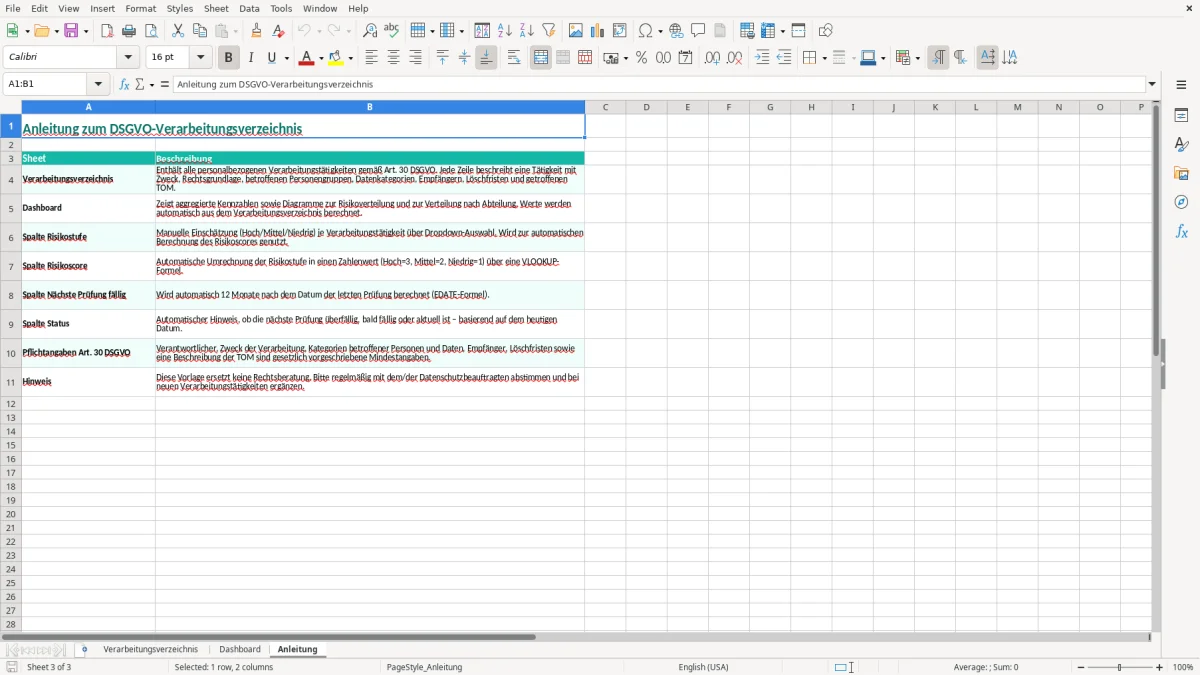 Captura de tela 3: Aba Anleitung - Planilha Excel dsgvo verarbeitungsverzeichnis personal excel vorlage