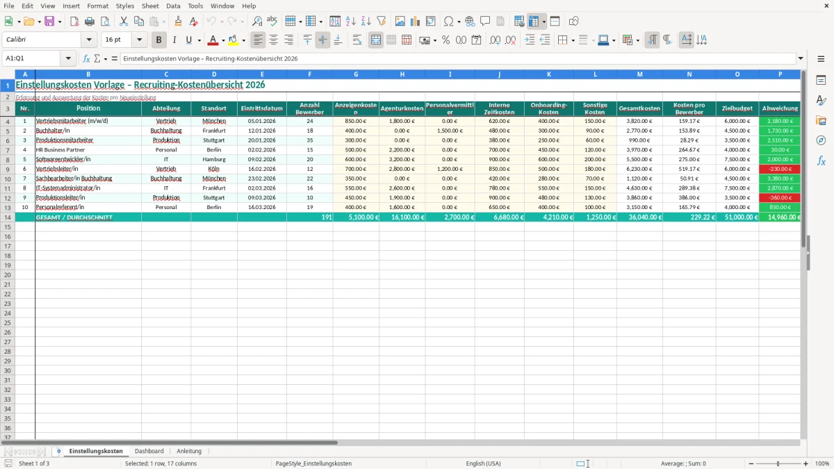 Captura de tela 1: Aba Einstellungskosten - Planilha Excel einstellungskosten excel vorlage