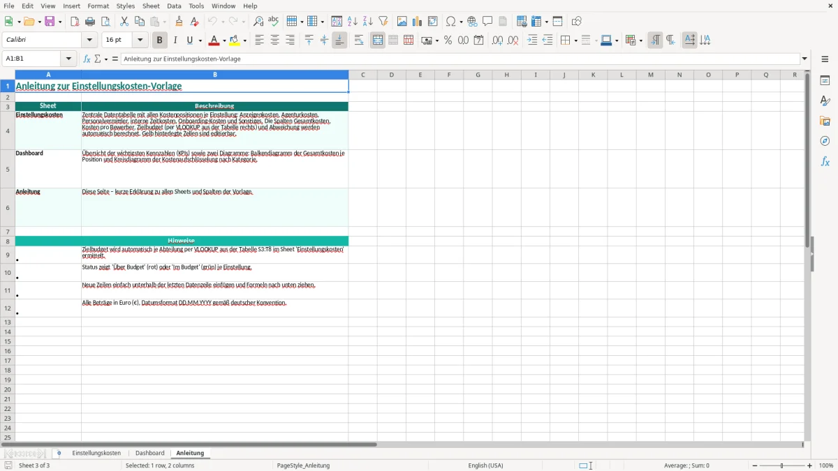 Captura de tela 3: Aba Anleitung - Planilha Excel einstellungskosten excel vorlage