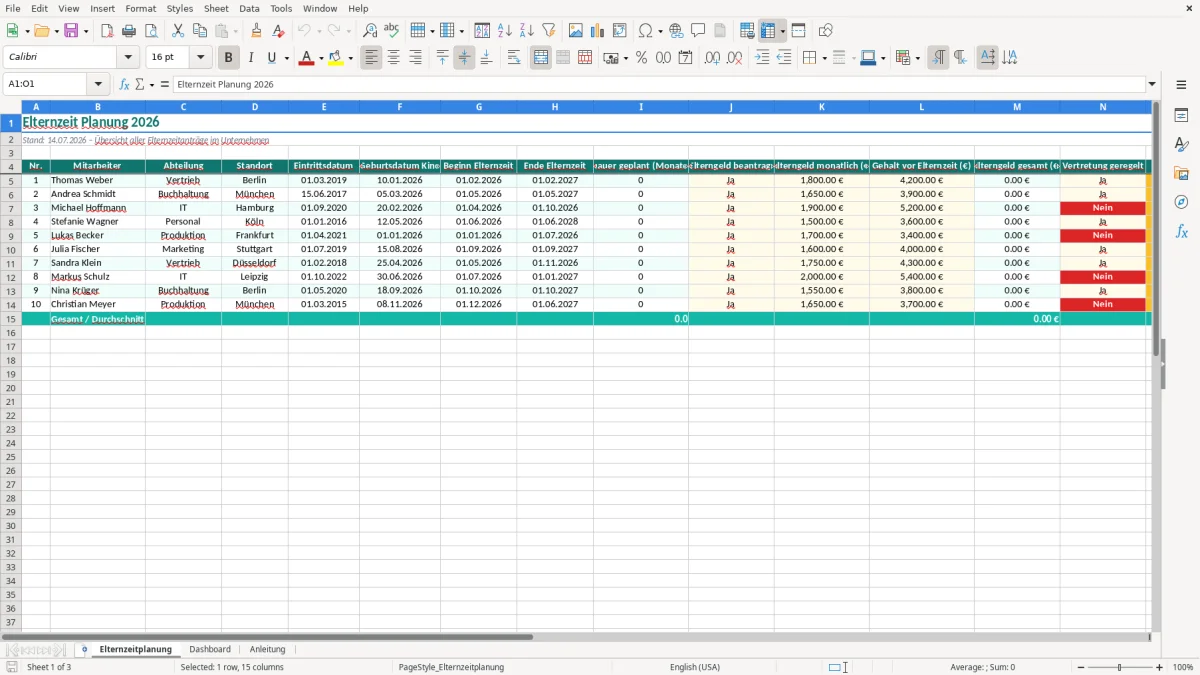 Captura de tela 1: Aba Elternzeitplanung - Planilha Excel elternzeit planung excel vorlage