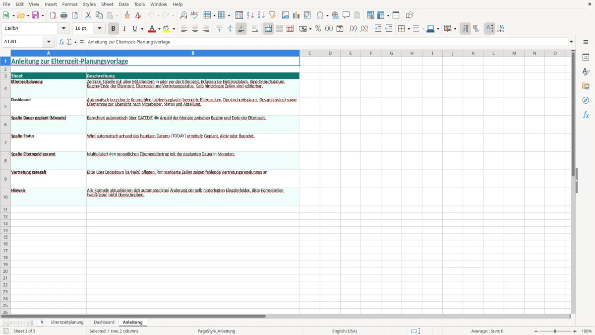Captura de tela 3: Aba Anleitung - Planilha Excel elternzeit planung excel vorlage