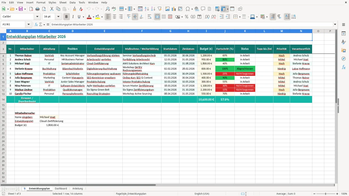Captura de tela 1: Aba Entwicklungsplan - Planilha Excel entwicklungsplan mitarbeiter excel vorlage