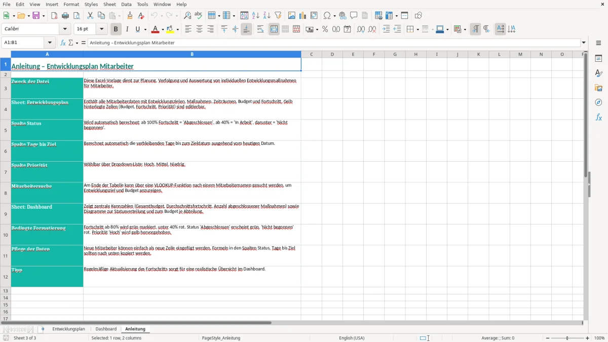 Captura de tela 3: Aba Anleitung - Planilha Excel entwicklungsplan mitarbeiter excel vorlage