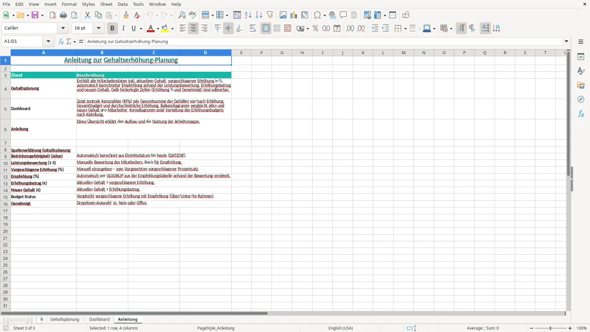 Captura de tela 3: Aba Anleitung - Planilha Excel gehaltserhöhung planung excel vorlage