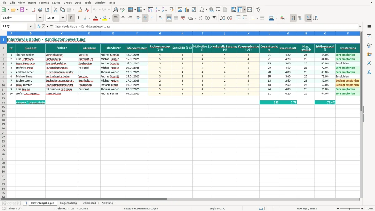 Captura de tela 1: Aba Bewertungsbogen - Planilha Excel interviewleitfaden excel vorlage