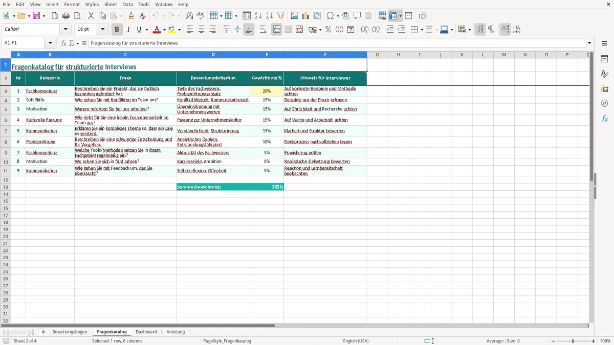 Captura de tela 2: Aba Fragenkatalog - Planilha Excel interviewleitfaden excel vorlage