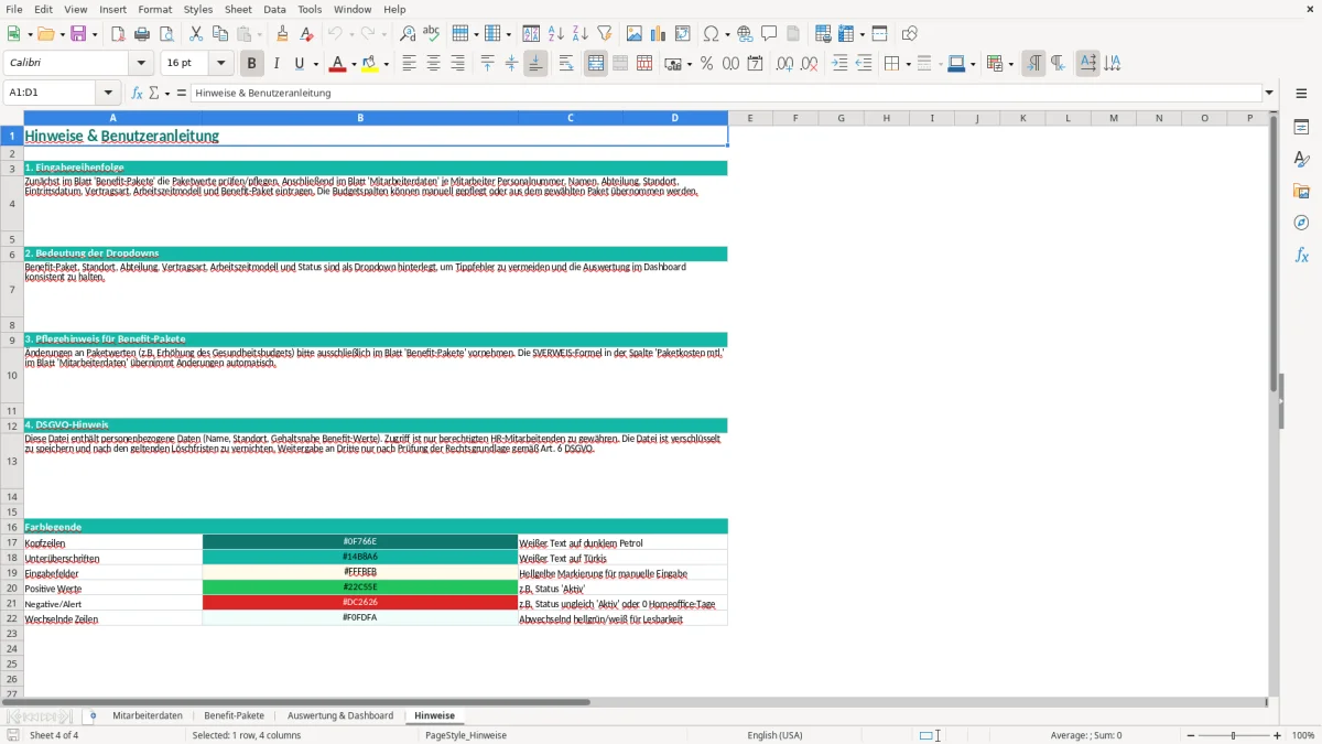 Captura de tela 4: Aba Hinweise - Planilha Excel mitarbeiter benefits übersicht excel vorlage