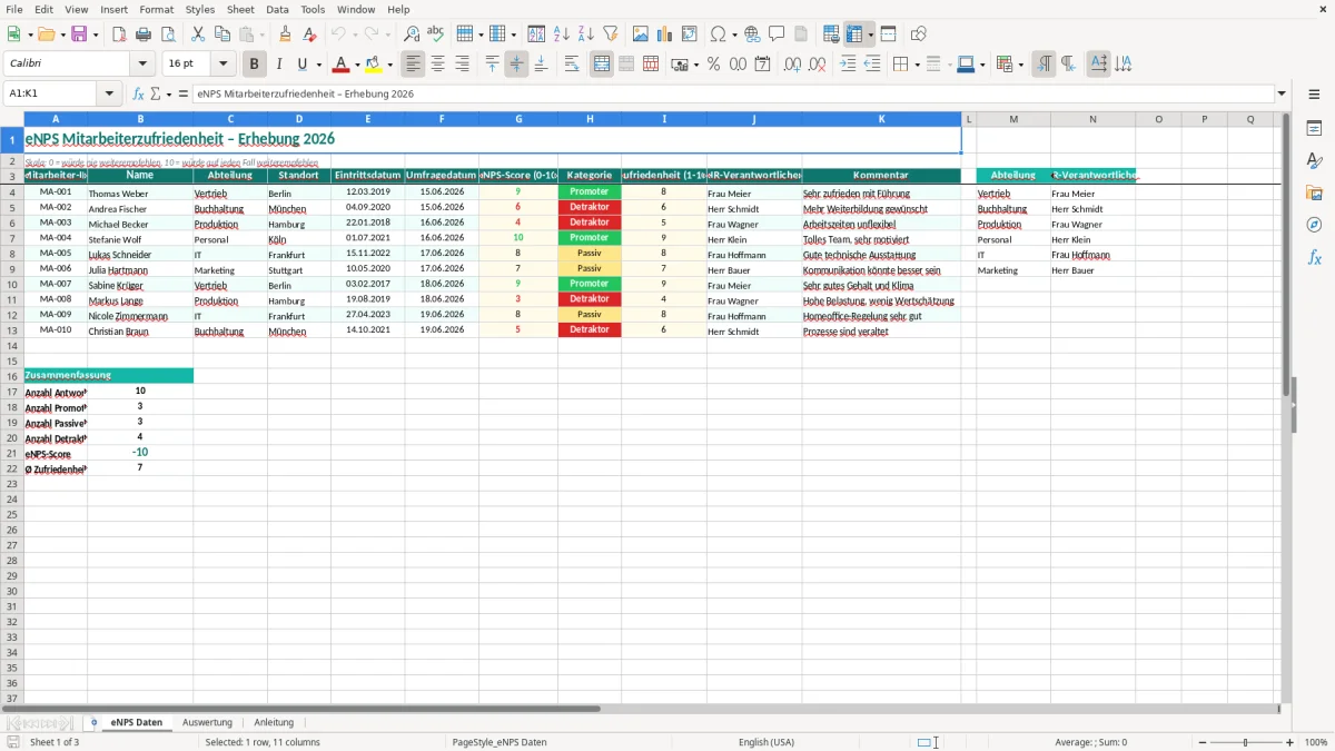 Captura de tela 1: Aba eNPS Daten - Planilha Excel mitarbeiterzufriedenheit enps excel vorlage