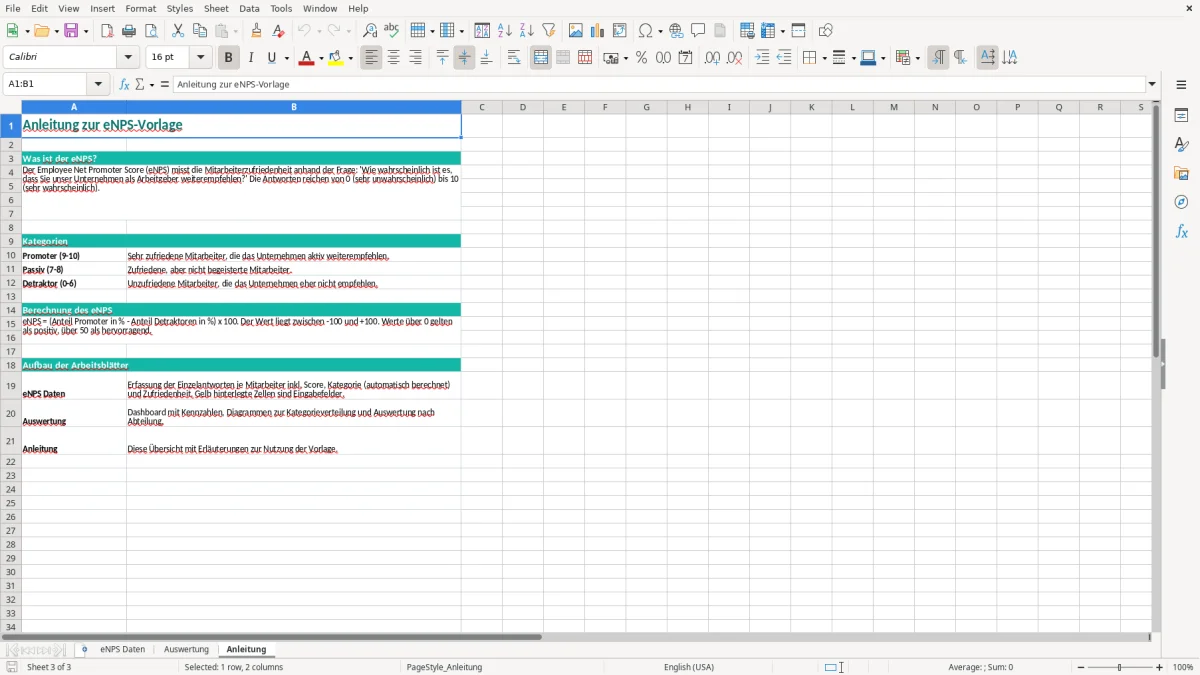 Captura de tela 3: Aba Anleitung - Planilha Excel mitarbeiterzufriedenheit enps excel vorlage