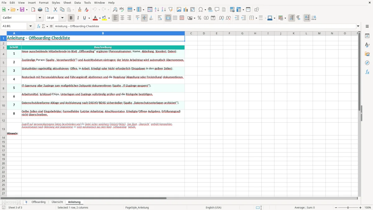 Captura de tela 3: Aba Anleitung - Planilha Excel offboarding checkliste excel vorlage