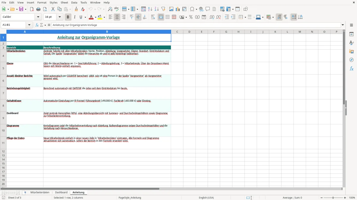 Captura de tela 3: Aba Anleitung - Planilha Excel organigramm excel vorlage