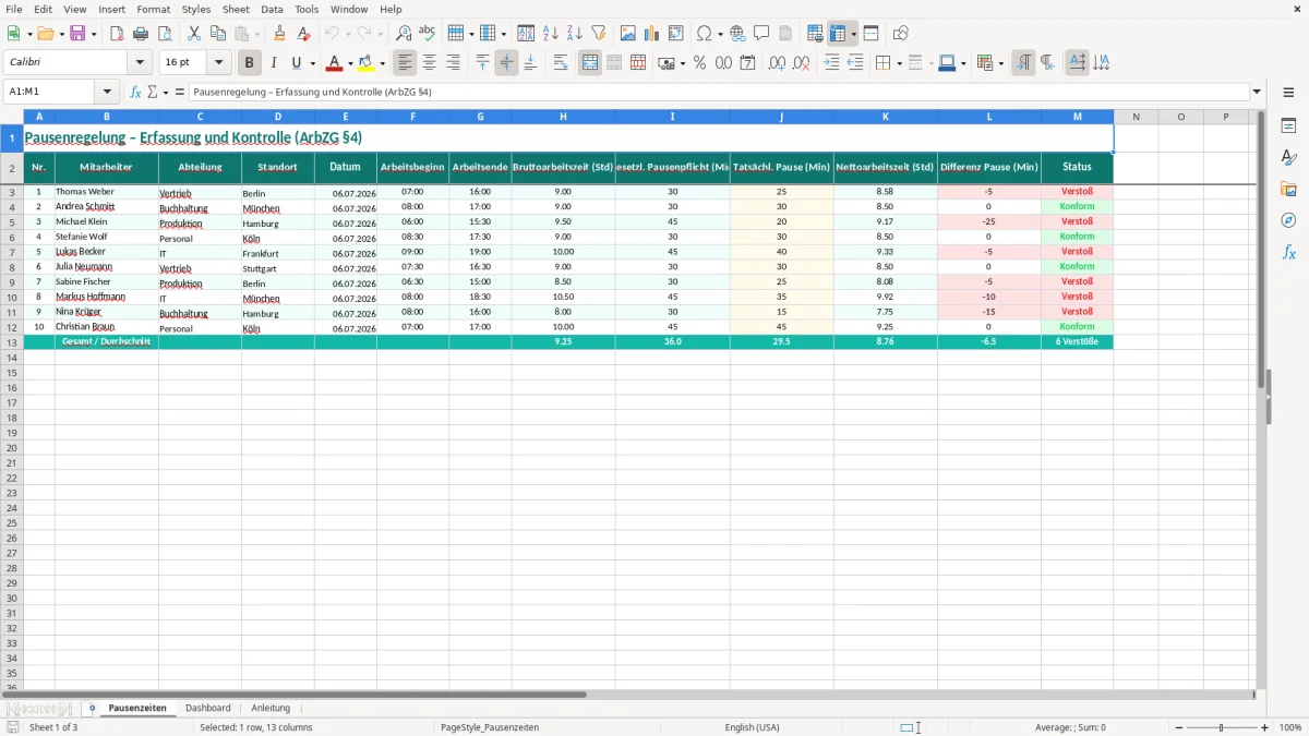 Captura de tela 1: Aba Pausenzeiten - Planilha Excel pausenregelung excel vorlage