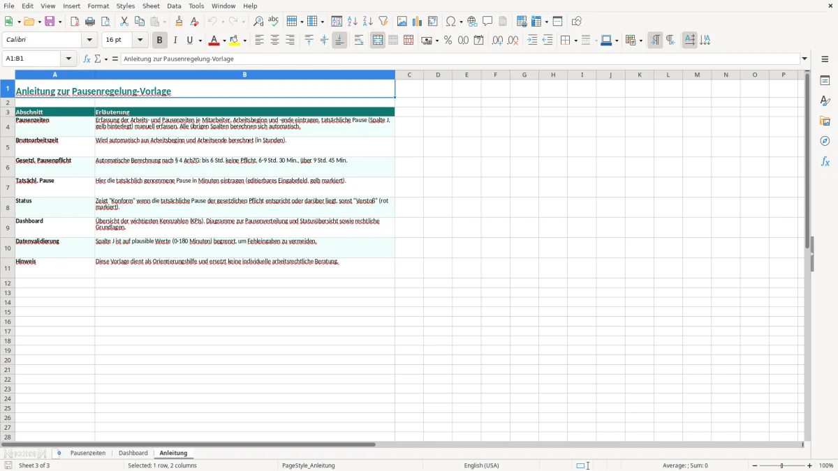 Captura de tela 3: Aba Anleitung - Planilha Excel pausenregelung excel vorlage