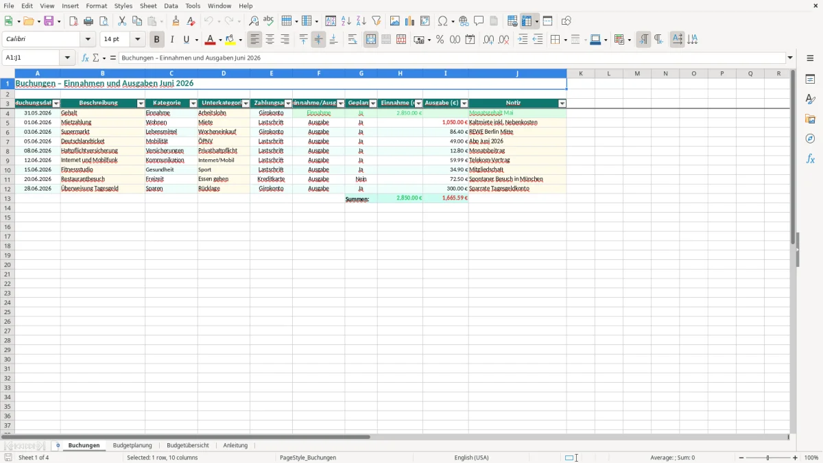 Captura de tela 1: Aba Buchungen - Planilha Excel personalbudget excel vorlage